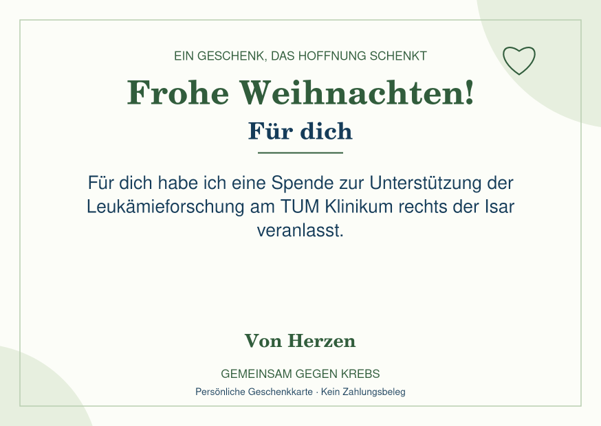 Beispiel einer Weihnachtskarte für eine persönliche Forschungsspende, mit dem Hinweis Kein Zahlungsbeleg